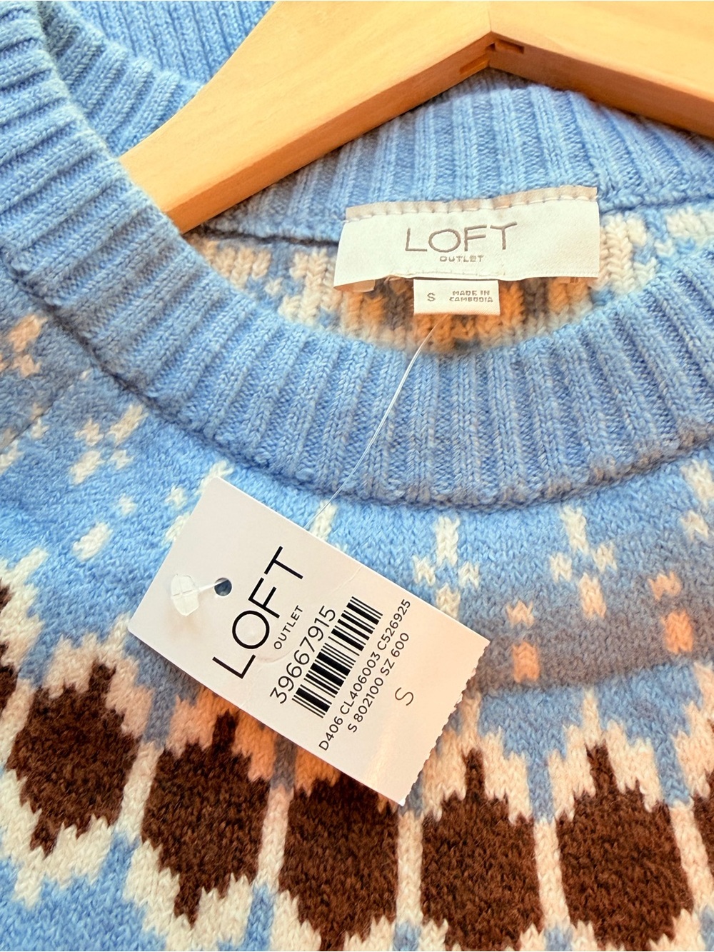 NEW LOFT Fair Isle Crewneck Sweater Sky Blue White Brown Women’s Size S - Picture 7 of 8